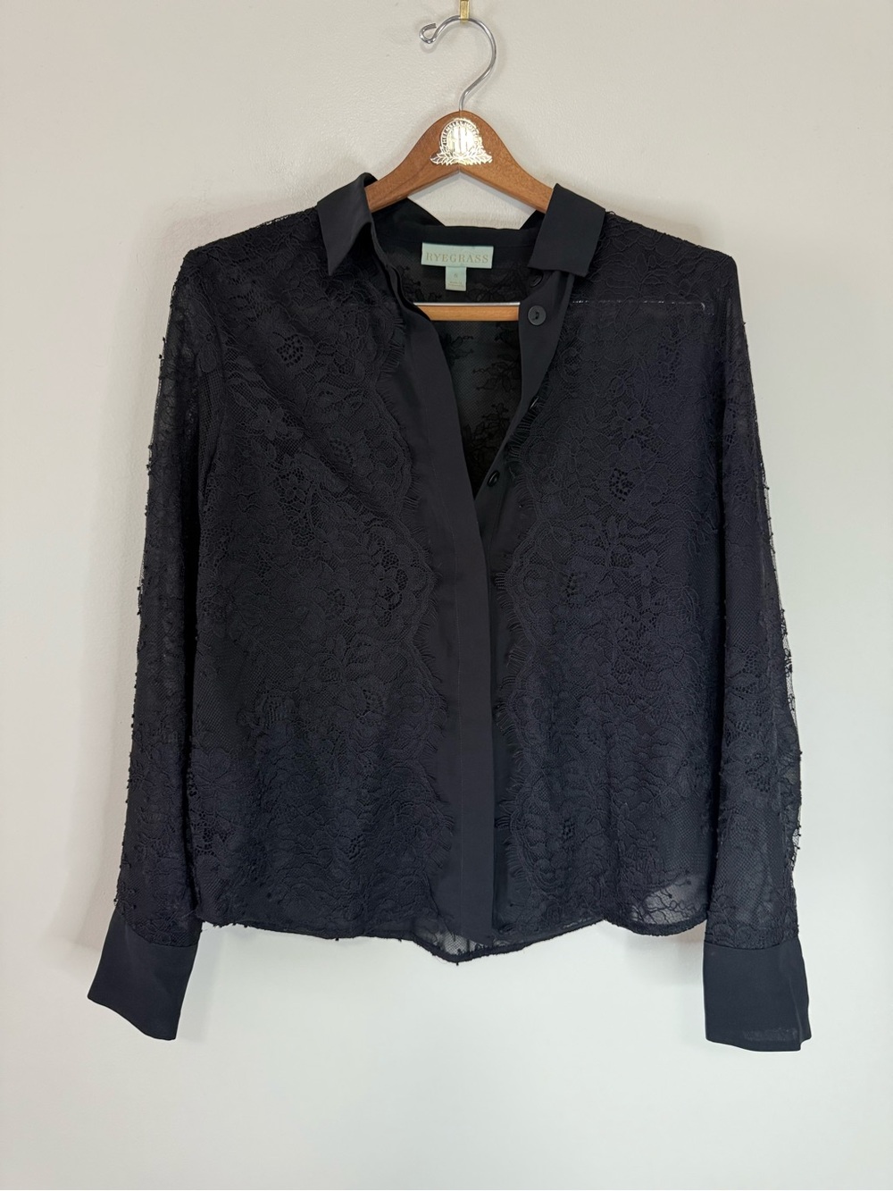 Rye Grass NWT  Black Lace Button-Up semi sheer Women's blouse size small